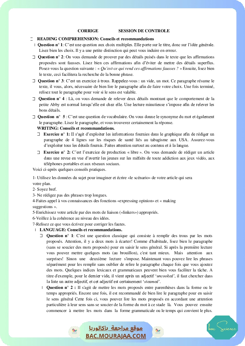 Corrigé controle anglais Bac 2012 – Section science